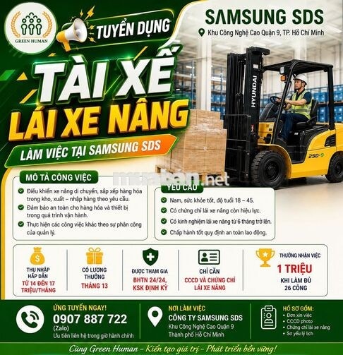 [LÀM NGAY] TÀI XẾ LÁI XE NÂNG QUẬN 9