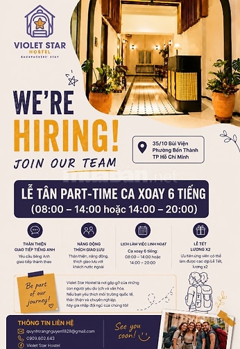 [Q1] LỄ TÂN HOSTEL PART-TIME | CA XOAY 6 TIẾNG