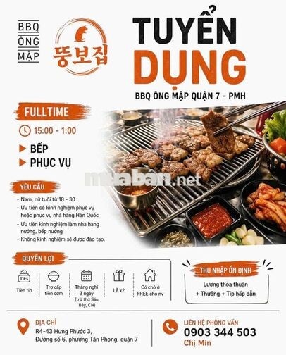 Tuyển nv phục vụ nhà hàng BBQ Hàn Quốc