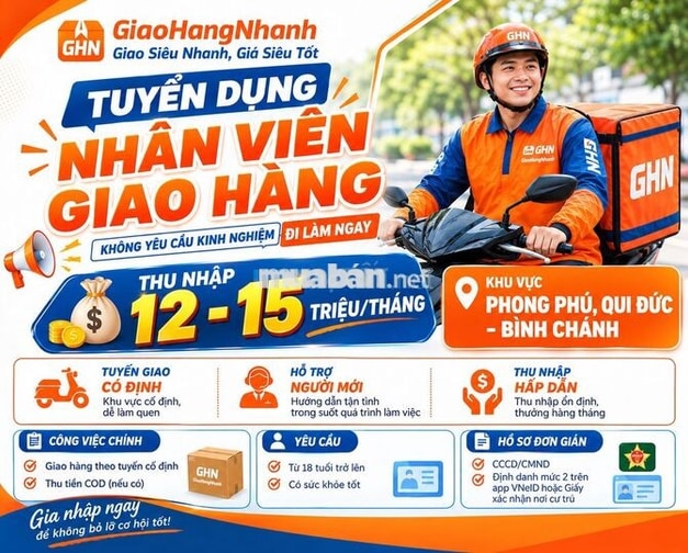 QUI ĐỨC, PHONG PHÚ TUYỂN DỤNG NHÂN VIÊN GIAO HÀNG
