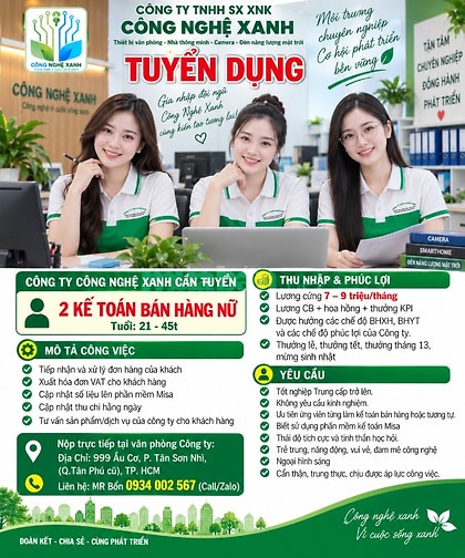 Công Ty Công Nghệ Xanh cần tuyển gấp 2 kế toán bán hàng