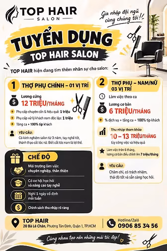  TOP HAIR SALON TUYỂN THỢ CHÍNH, PHỤ TÓC Q1