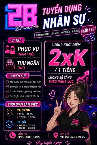 Tuyển nhân viên ca sáng/ chiều tại quán bida lỗ