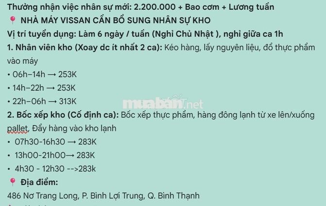 Nhân viên kho thời vụ thực phẩm - bao cơm Vissan