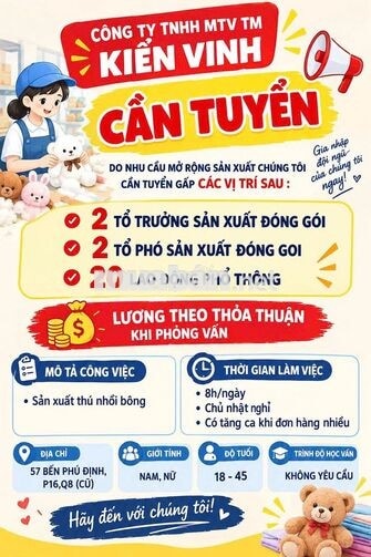 [LÀM NGAY] TỔ TRƯỞNG, TỔ PHÓ ,LĐPT ĐÓNG GÓI 