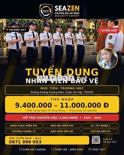 TUYỂN NHÂN VIÊN BẢO VỆ - LƯƠNG 9tr4 - 15tr