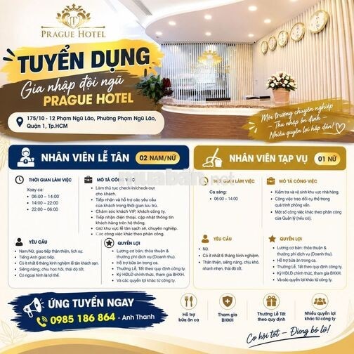 PRAGUE HOTEL TUYỂN NHÂN VIÊN LỄ TÂN, TẠP VỤ QUẬN 1