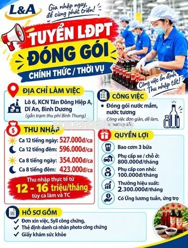 KCN TÂN ĐÔNG HIỆP A - 30LĐPT - BAO CƠM - LƯƠNG T13