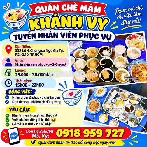 QUÁN CHÈ MÂM TUYỂN NV PHỤC VỤ 15h00 – 22h00