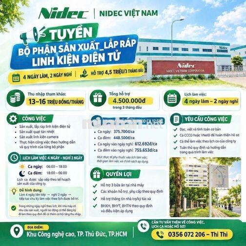 VIỆC LÀM NIDEC KHU CÔNG NGHỆ CAO THỦ ĐỨC_QUẬN 9