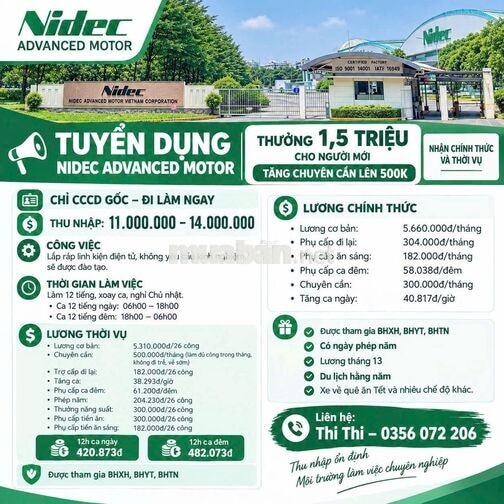 VIỆC LÀM NIDEC KHU CÔNG NGHỆ CAO THỦ ĐỨC_QUẬN 9