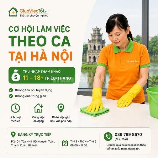 [Lương cao] Tuyển 15 Tạp Vụ, Giúp Việc Theo Giờ 
