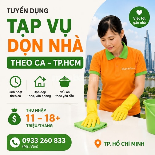 [Lương cao] Tuyển 15 Tạp Vụ, Giúp Việc Theo Giờ 