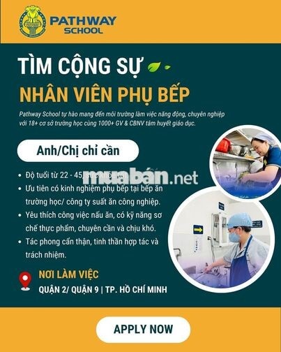 Phụ bếp/ Bếp chính/ Tổ trưởng Bếp trường học (HCM)