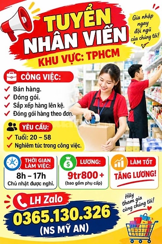 KHU VỰC BÌNH THẠNH CẦN TUYỂN NHÂN VIÊN LÀM VIỆC ỔN ĐỊNH LÂU DÀI