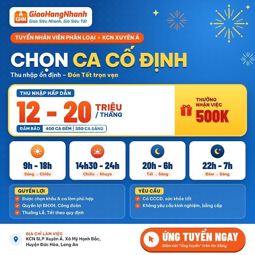 GHN - NHÂN VIÊN PHÂN LOẠI HÀNG HÓA THU NHẬP TỪ 12-20TR TẠI KCN XUYÊN Á